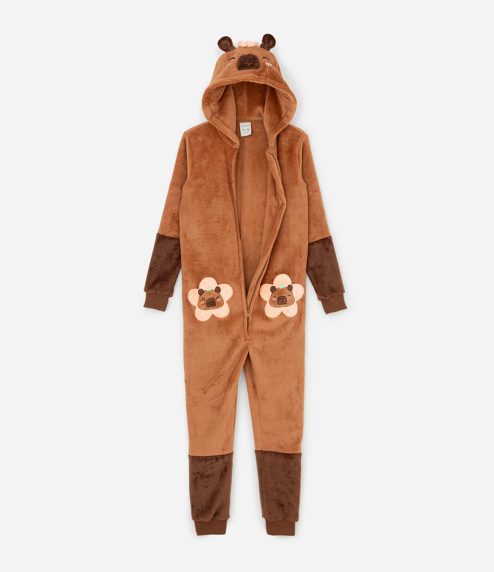 Pijama Infantil Jumper em Plush com Capuz Fantasia Capivara – Tam 4 a 14 Anos Marrom 2