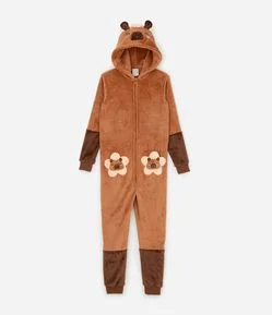 Pijama Infantil Jumper em Plush com Capuz Fantasia Capivara – Tam 4 a 14 Anos