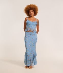 Saia Long Midi com Estampa Floral Liberty e Babado na Barra