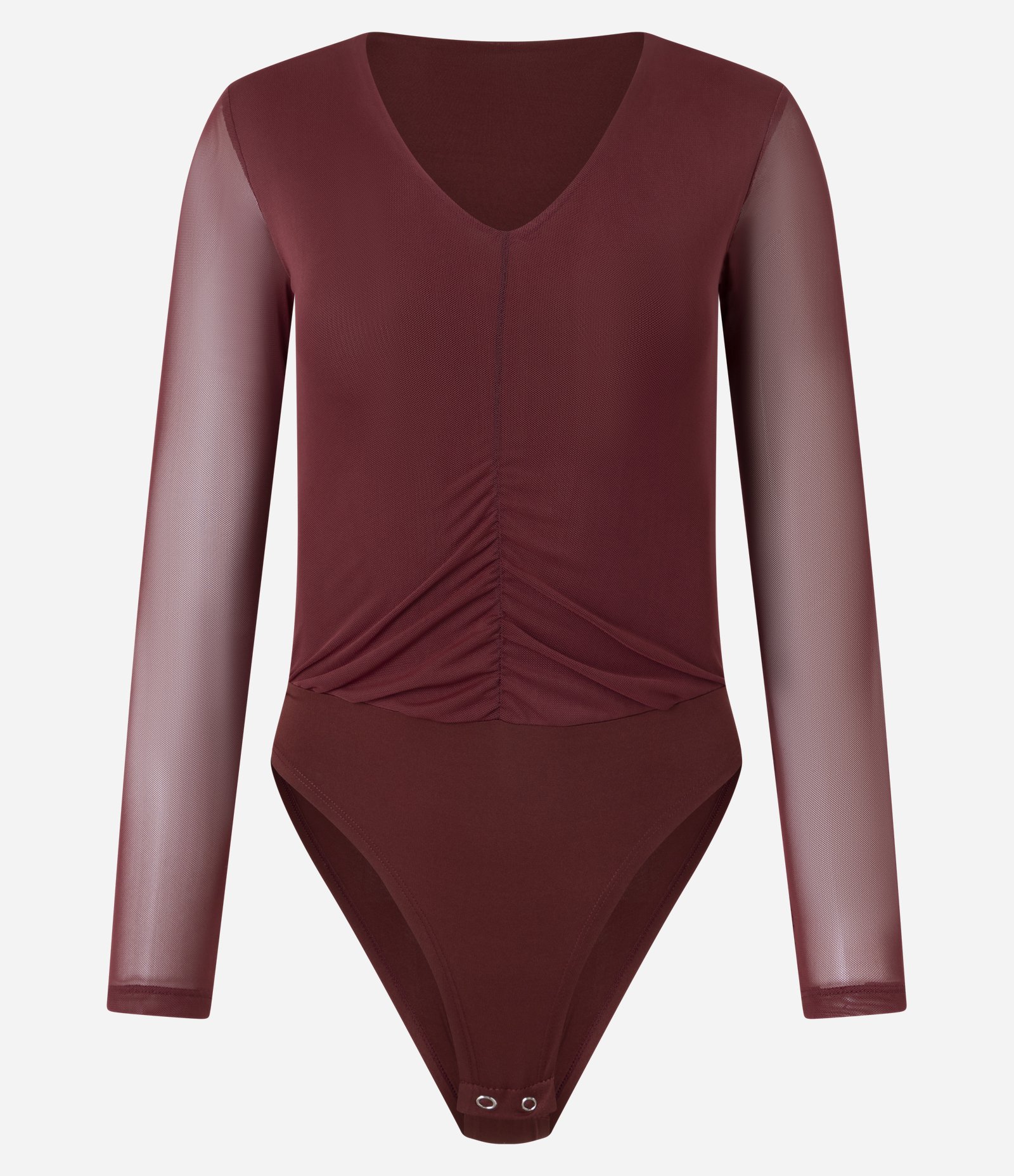Body em Tule com Franzido Frontal e Manga Transparente Bordô 4