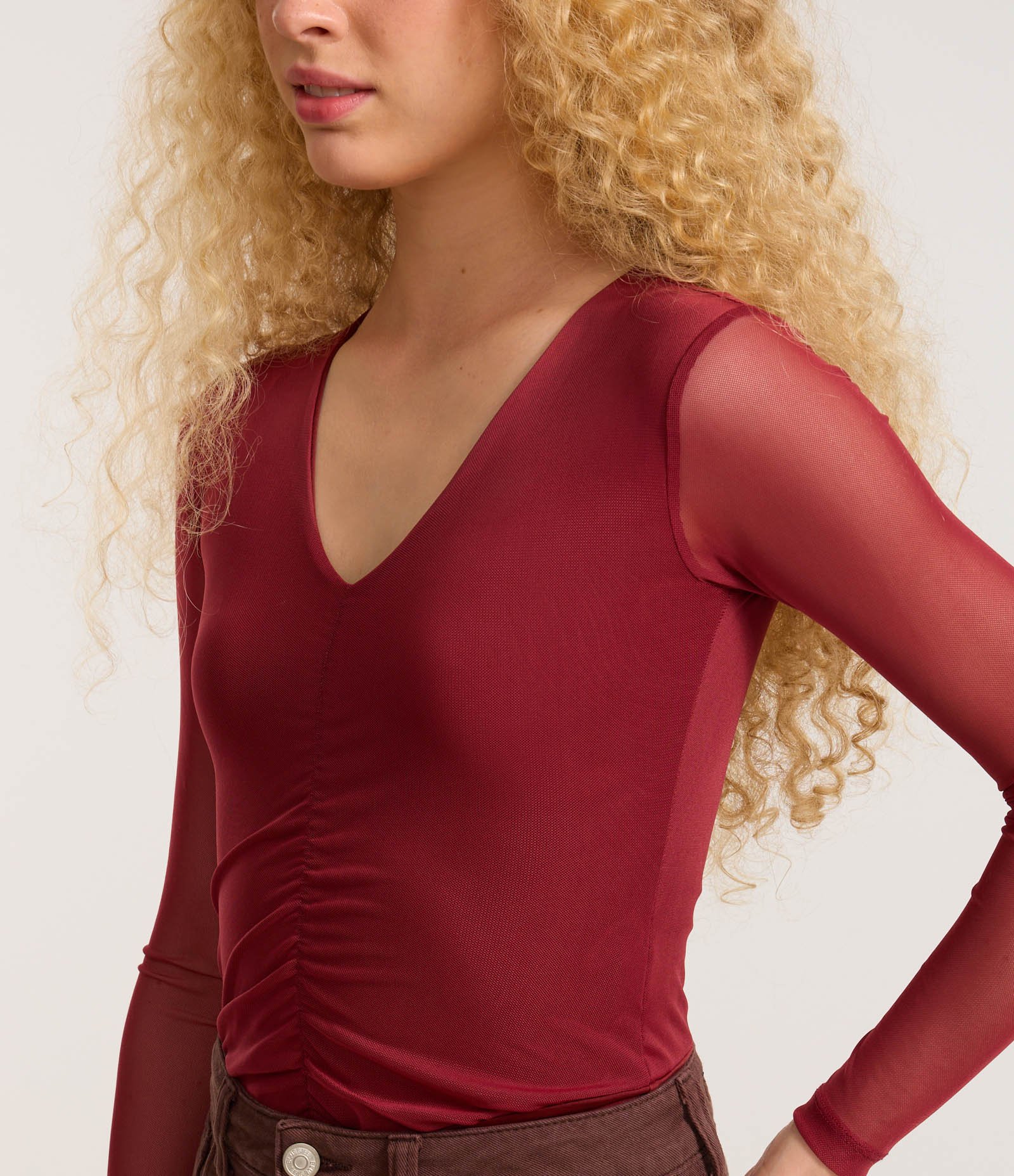 Body em Tule com Franzido Frontal e Manga Transparente Bordô 3