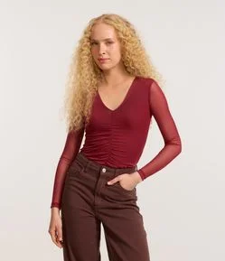 Body em Tule com Franzido Frontal e Manga Transparente