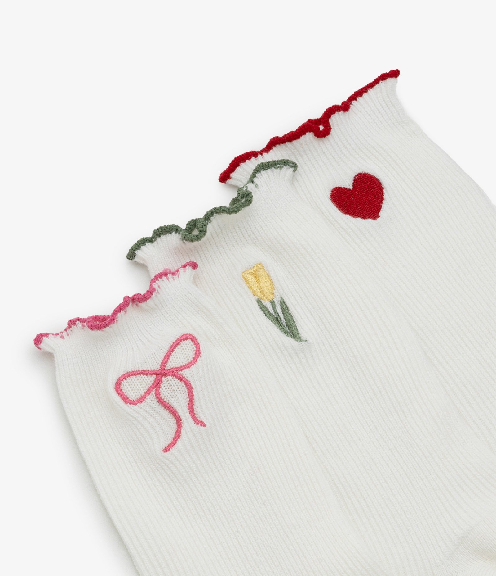 Kit 03 Meias Cano Alto em Algodão Canelado com Bordados Delicados e Frufru Branco 4