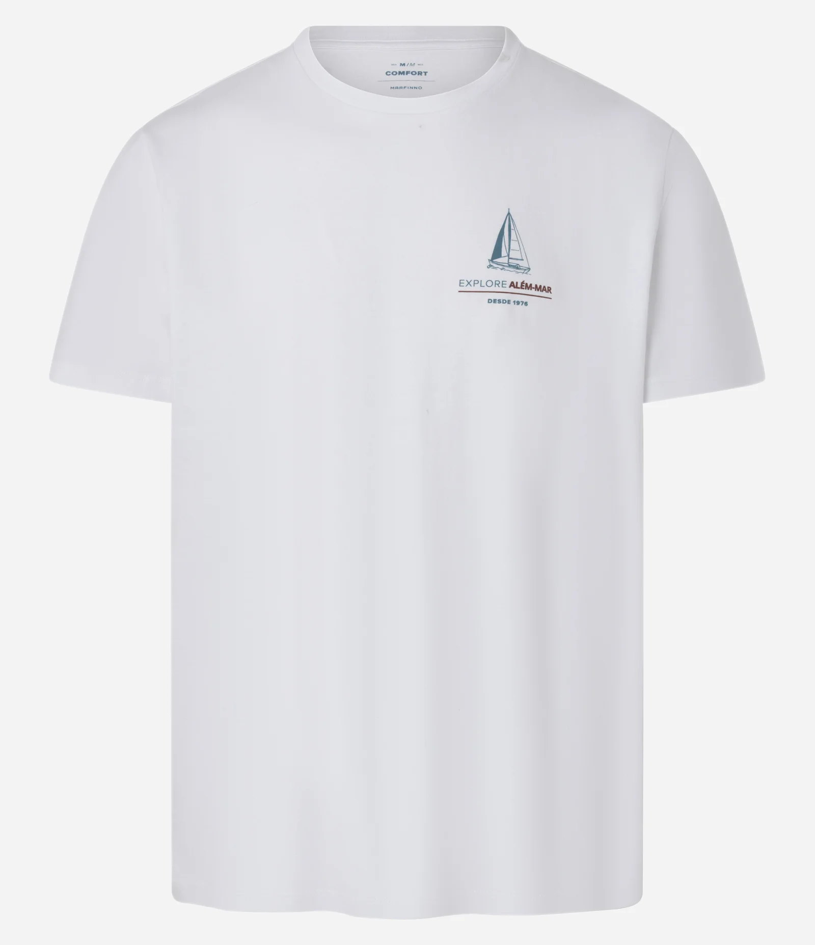 Camiseta Comfort em Algodão com Estampa de Barco e Lettering Além-mar Branco 1