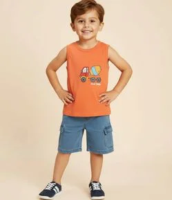 Regata Infantil com Bolsinho Estampado de Trator - Tam 1 a 6 Anos
