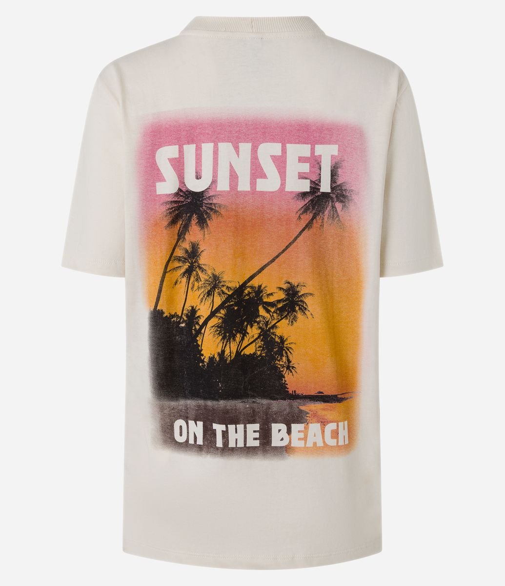 Camiseta Alongada com Estampa Sunset Bege