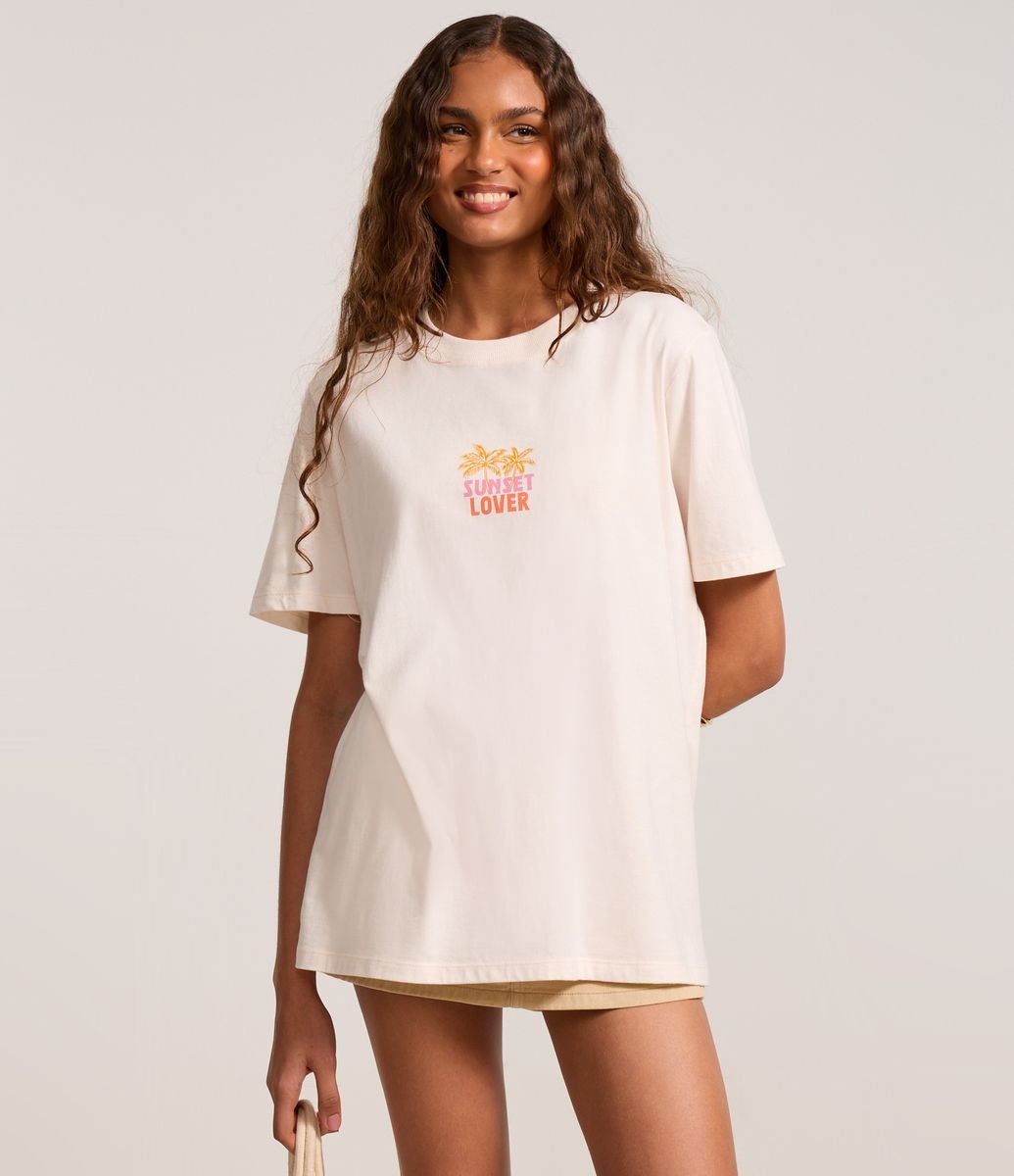 Camiseta Alongada com Estampa Sunset Bege