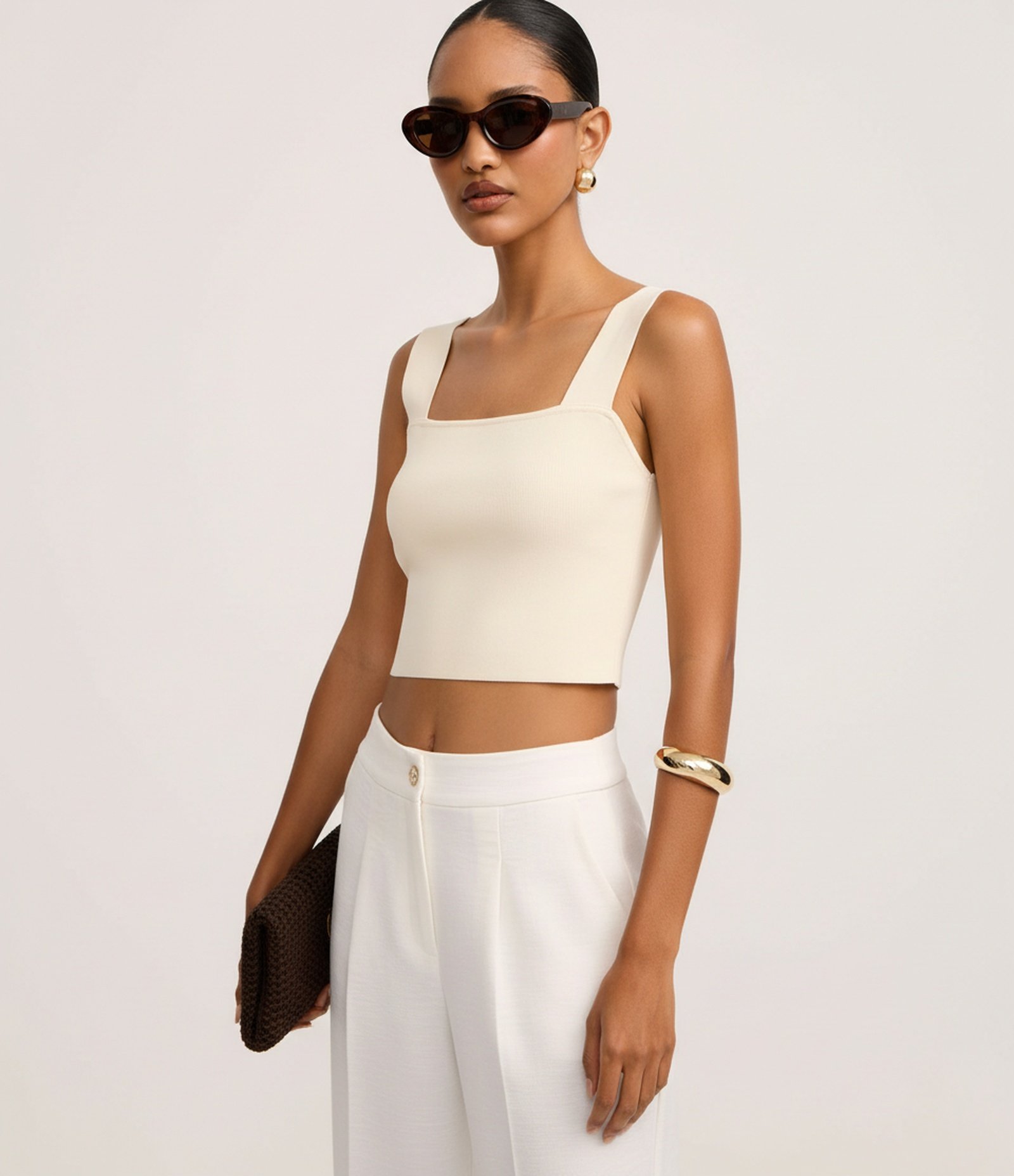 Blusa Cropped Canelada em Viscose com Decote Quadrado Off White 4