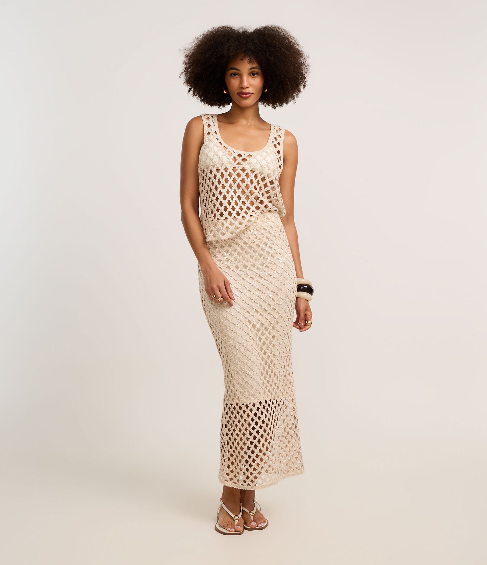 Blusa em Algodão com Decote U e Paetês Metalizados Bege 2