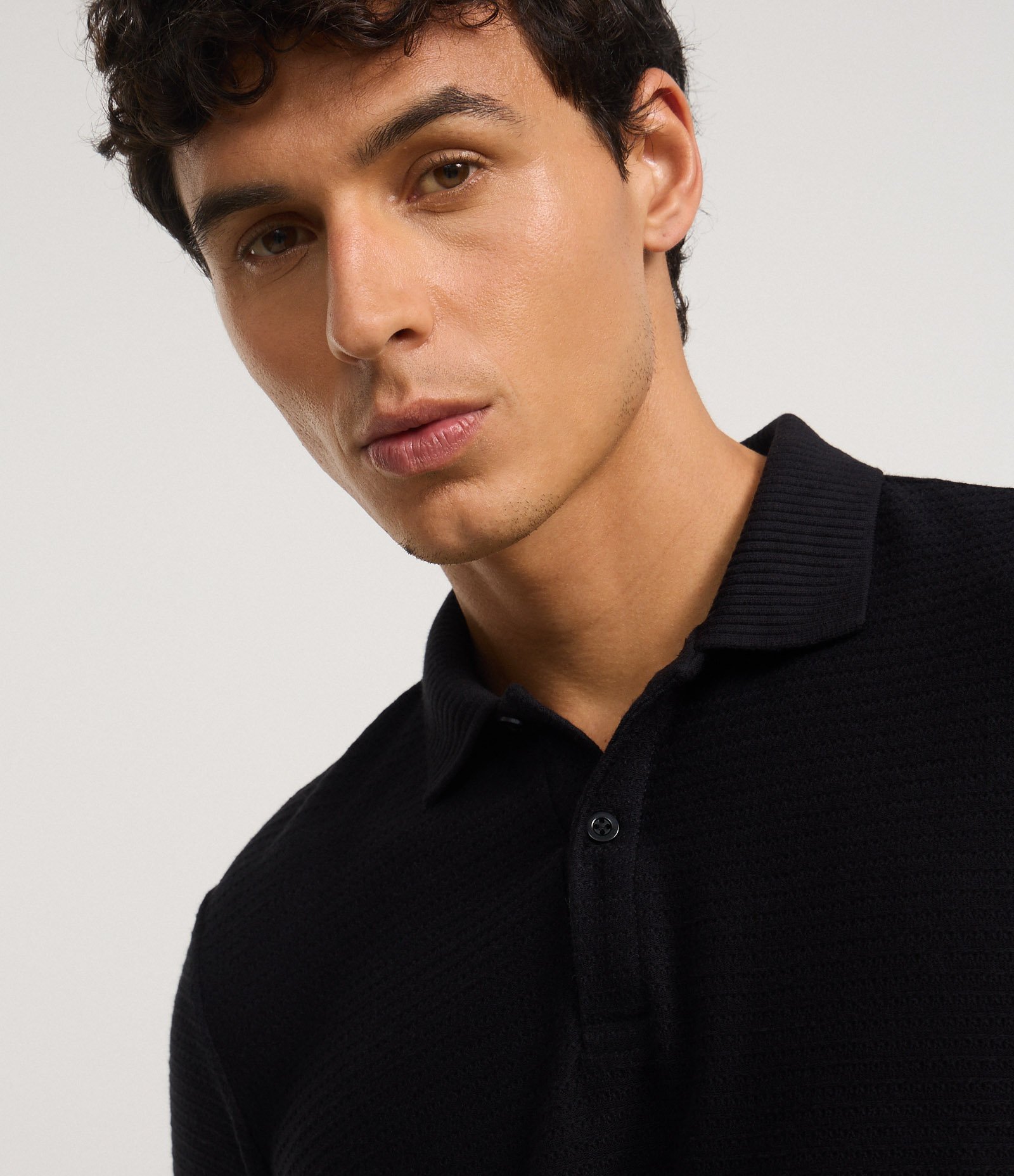 Camisa Polo Regular em Jacquard Texturizada Preto 3