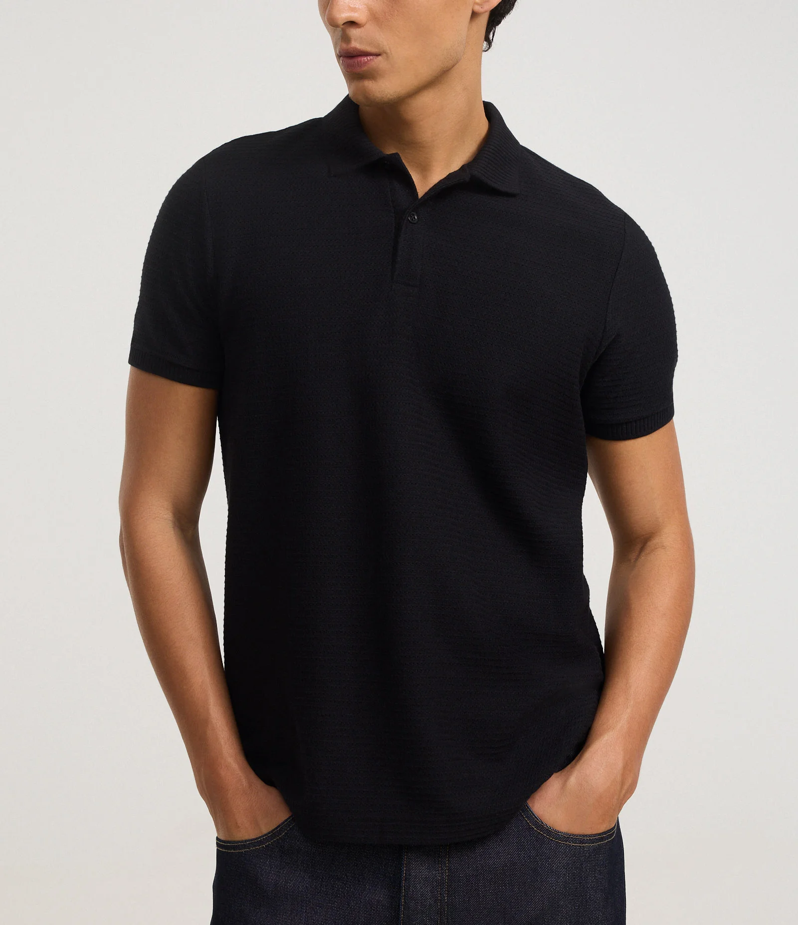 Camisa Polo Regular em Jacquard Texturizada Preto 4