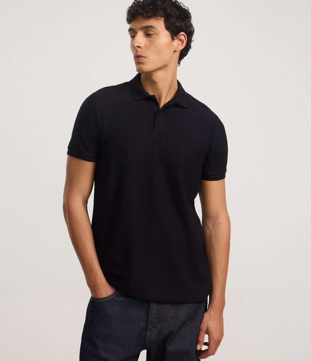 Camisa Polo Regular em Jacquard Texturizada Preto
