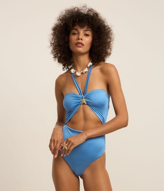 Maiô em Microfibra Brilhante com Vazado e Aviamento de Estrela