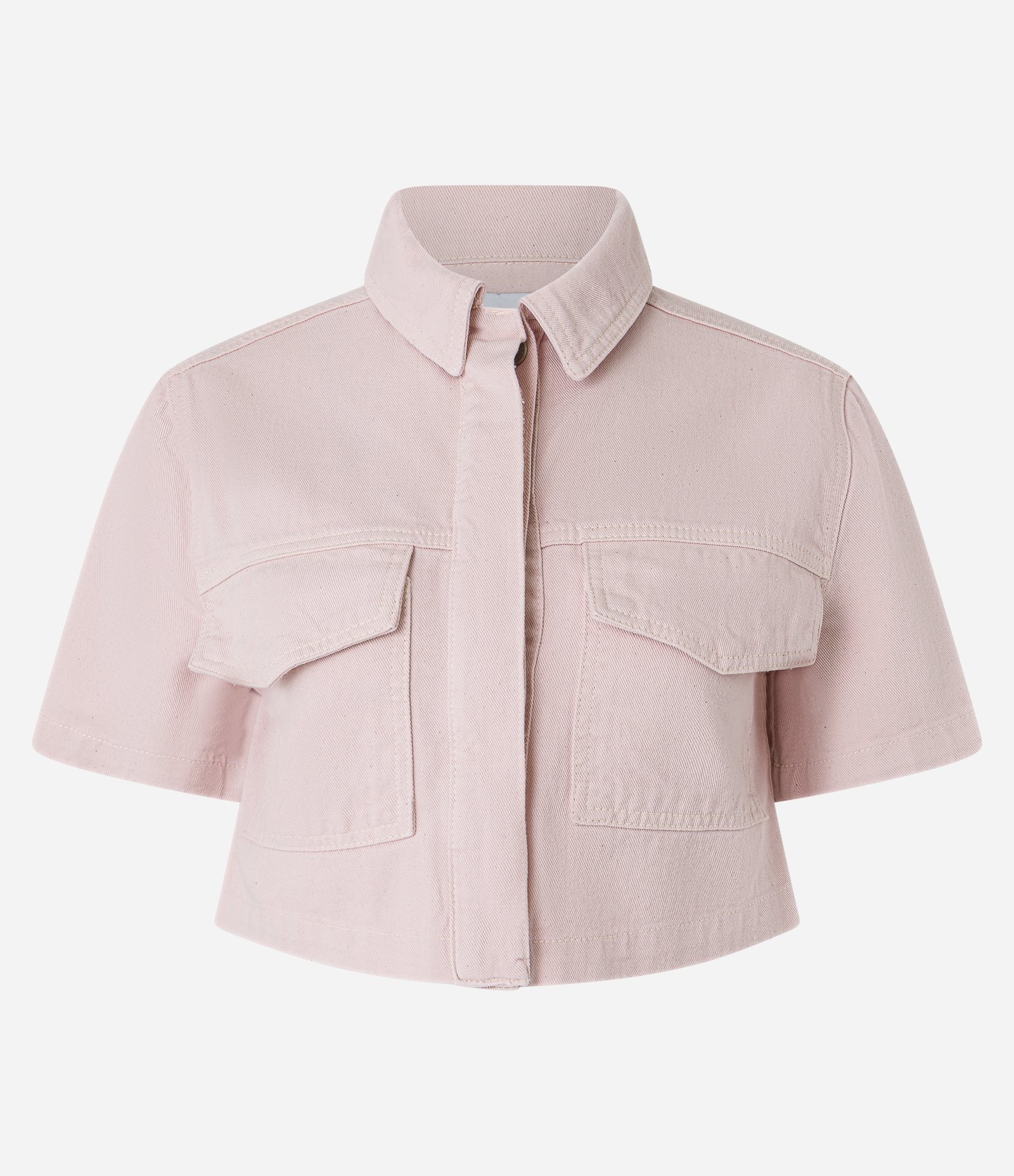 Camisa Cropped em Sarja com Bolsos e Lapela Rosa 5