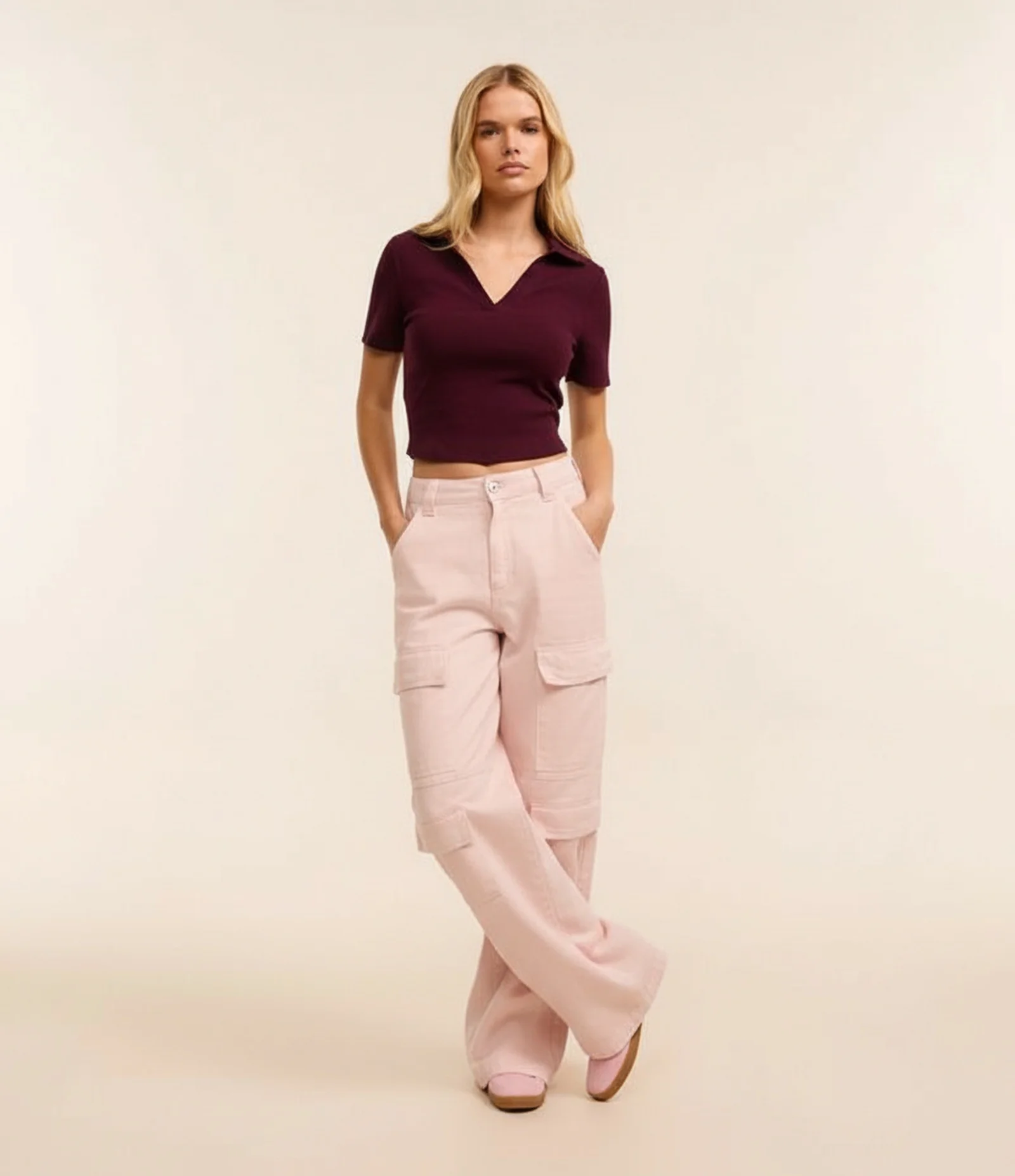 Blusa em Ribana com Gola Polo e Manga Curta Bordô 1