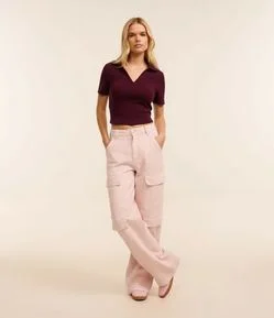 Blusa em Ribana com Gola Polo e Manga Curta