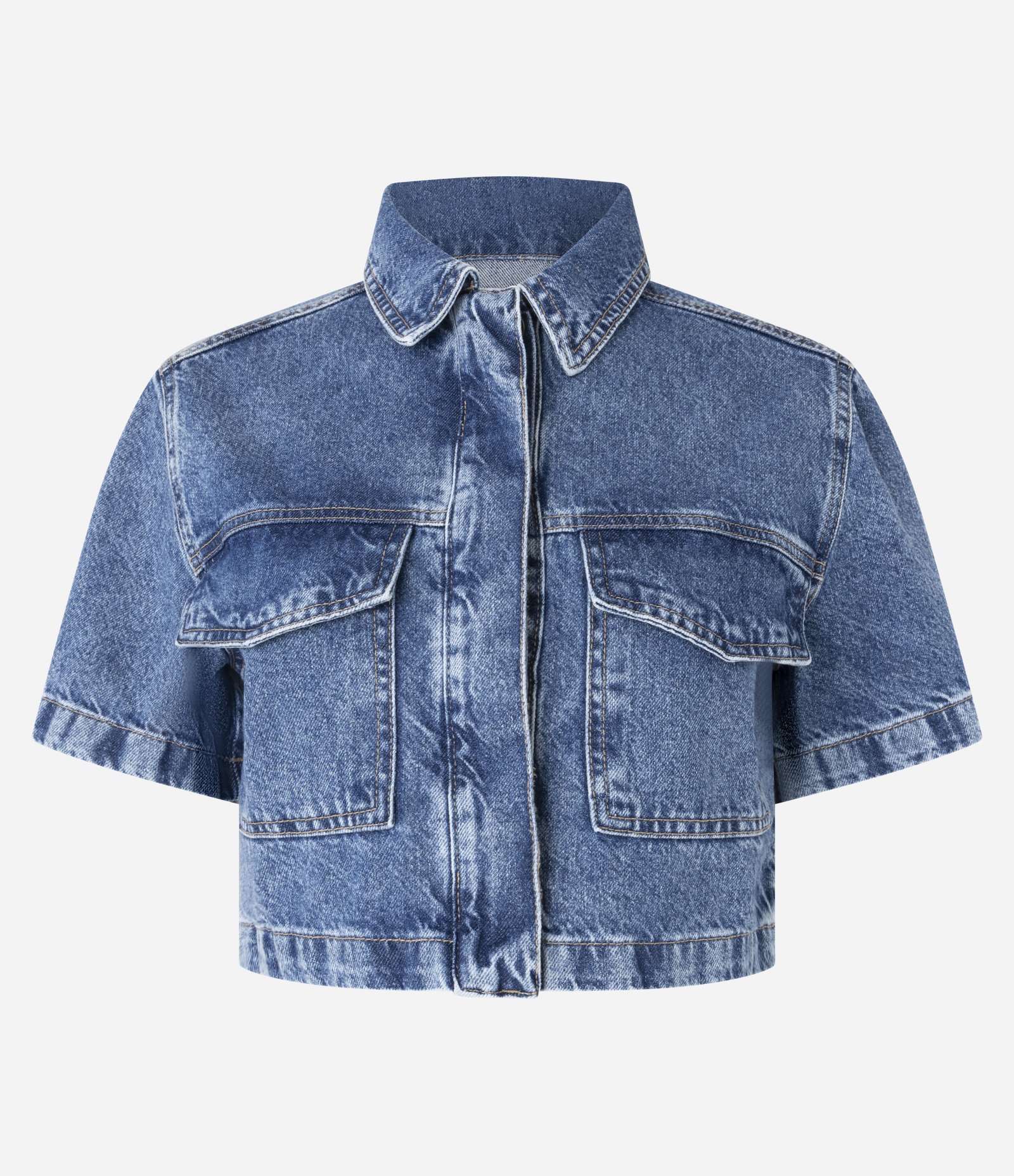 Camisa Cropped em Jeans com Bolsos e Vista de Botões Azul 5