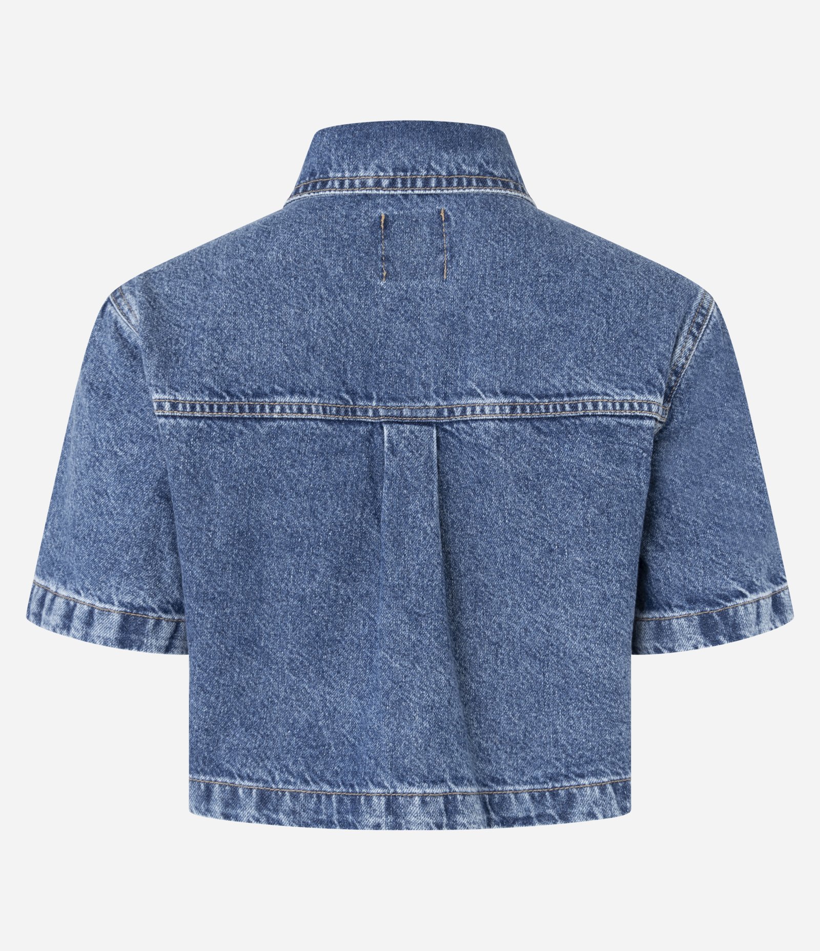 Camisa Cropped em Jeans com Bolsos e Vista de Botões Azul 6