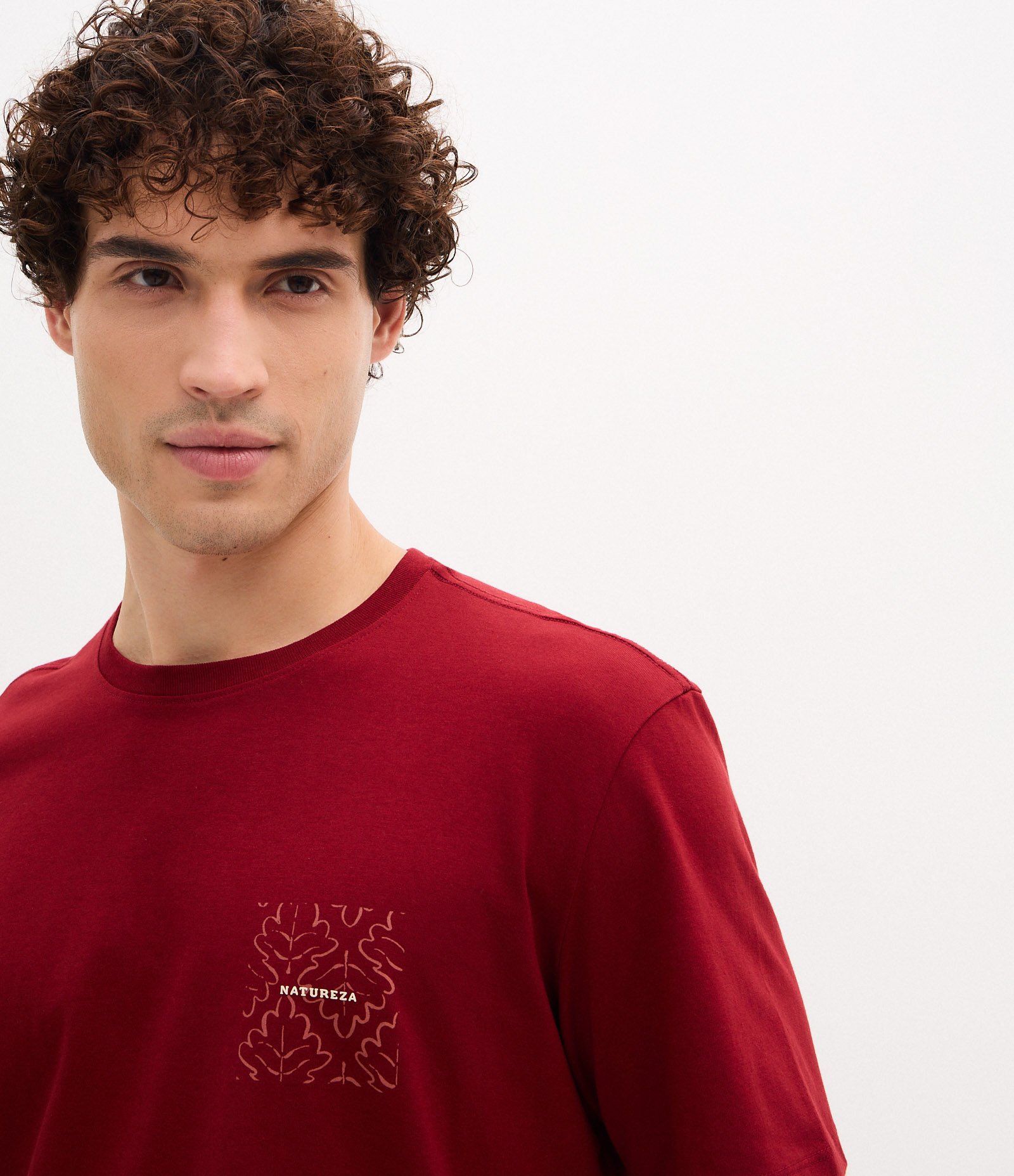 Camiseta Comfort em Algodão com Estampa de Folhagem Natureza Vermelho 4