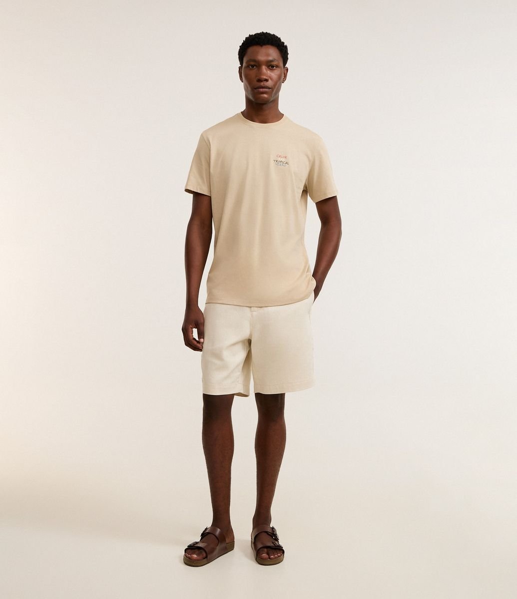 Camiseta em Algodão com Estampa Tropical Verão Bege