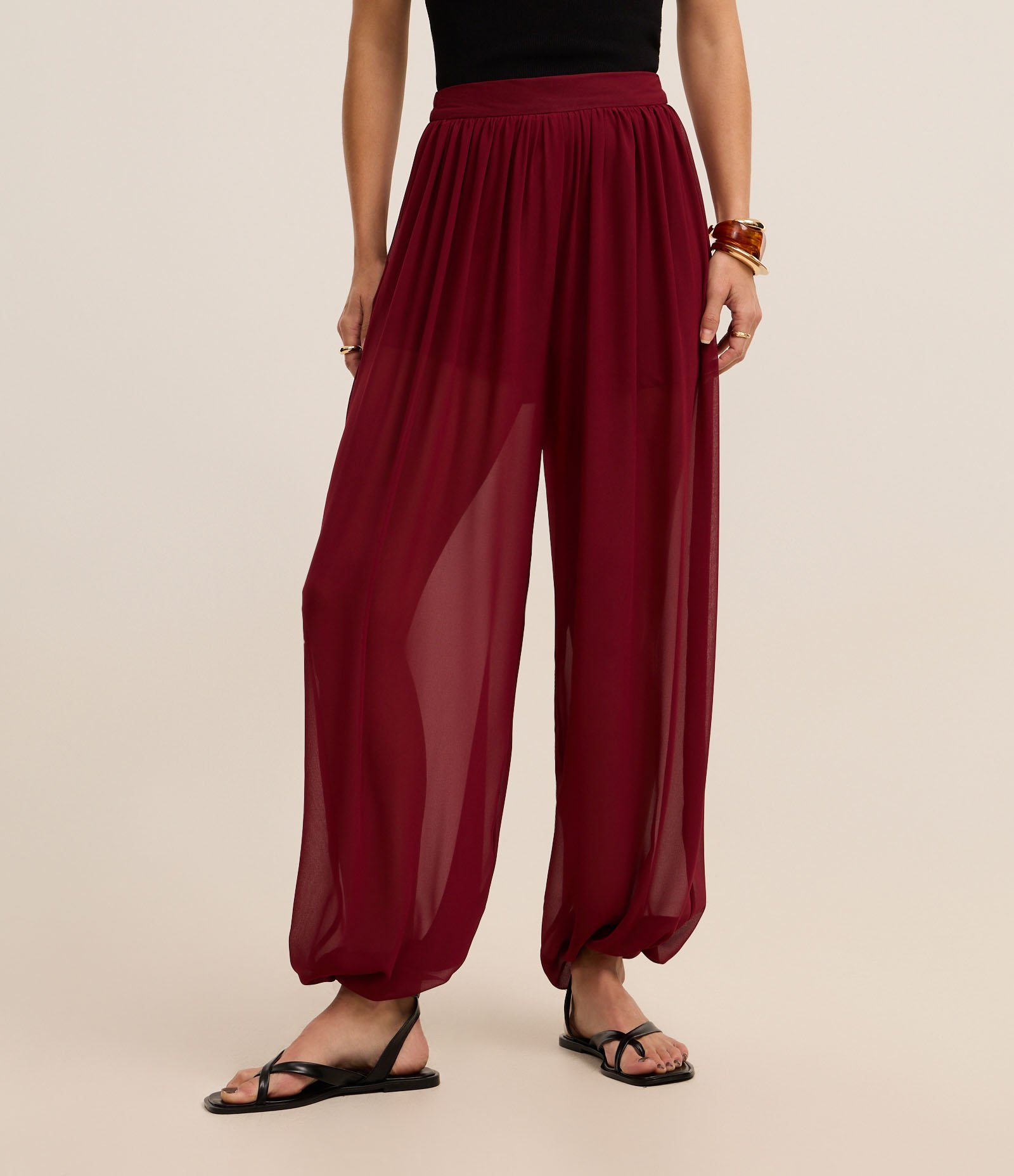 Calça Balloon em Crepe com Transparência e Cós Reto Bordô 3