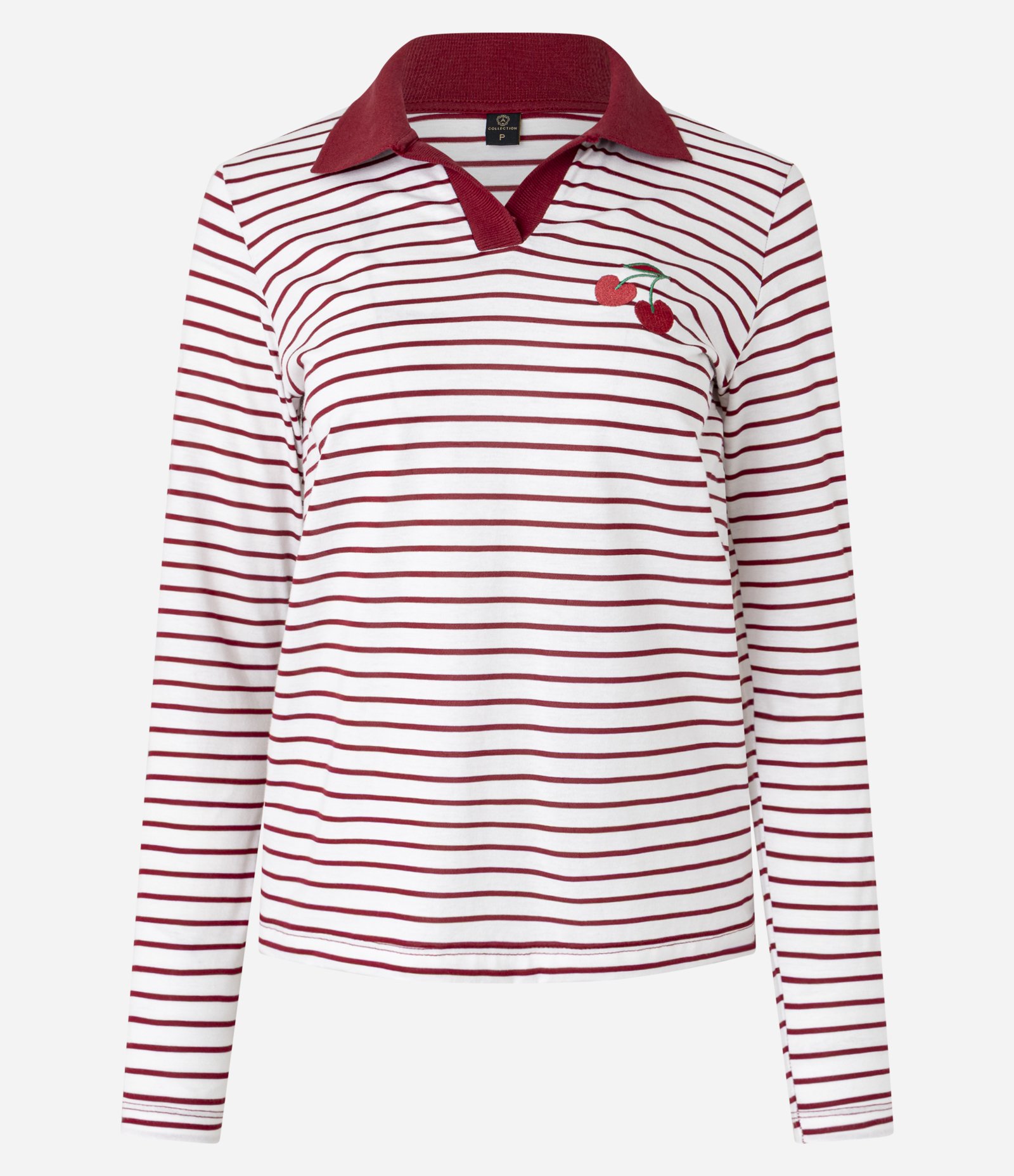 Blusa Listrada em Algodão com Gola Polo e Bordado Cereja Bicolor 5