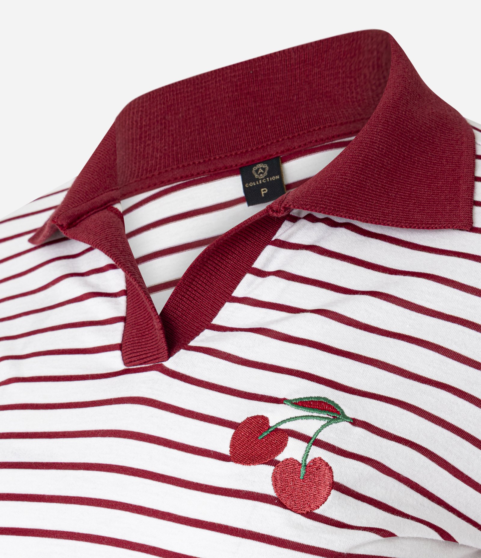 Blusa Listrada em Algodão com Gola Polo e Bordado Cereja Bicolor 6