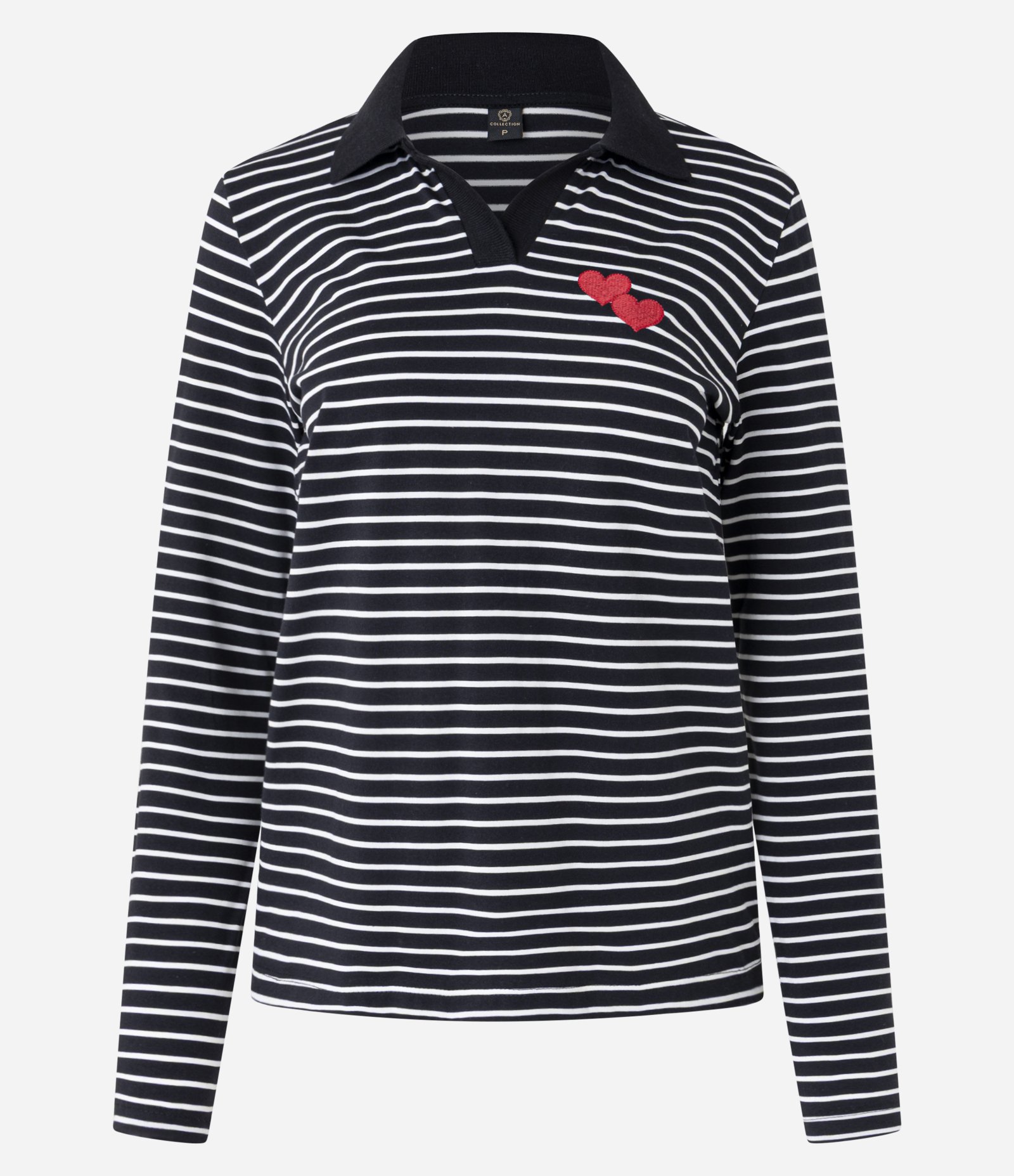 Blusa Listrada em Algodão com Gola Polo e Bordado Coração Preto/Branco 5