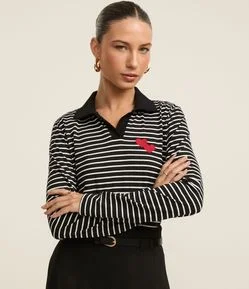 Blusa Listrada em Algodão com Gola Polo e Bordado Coração