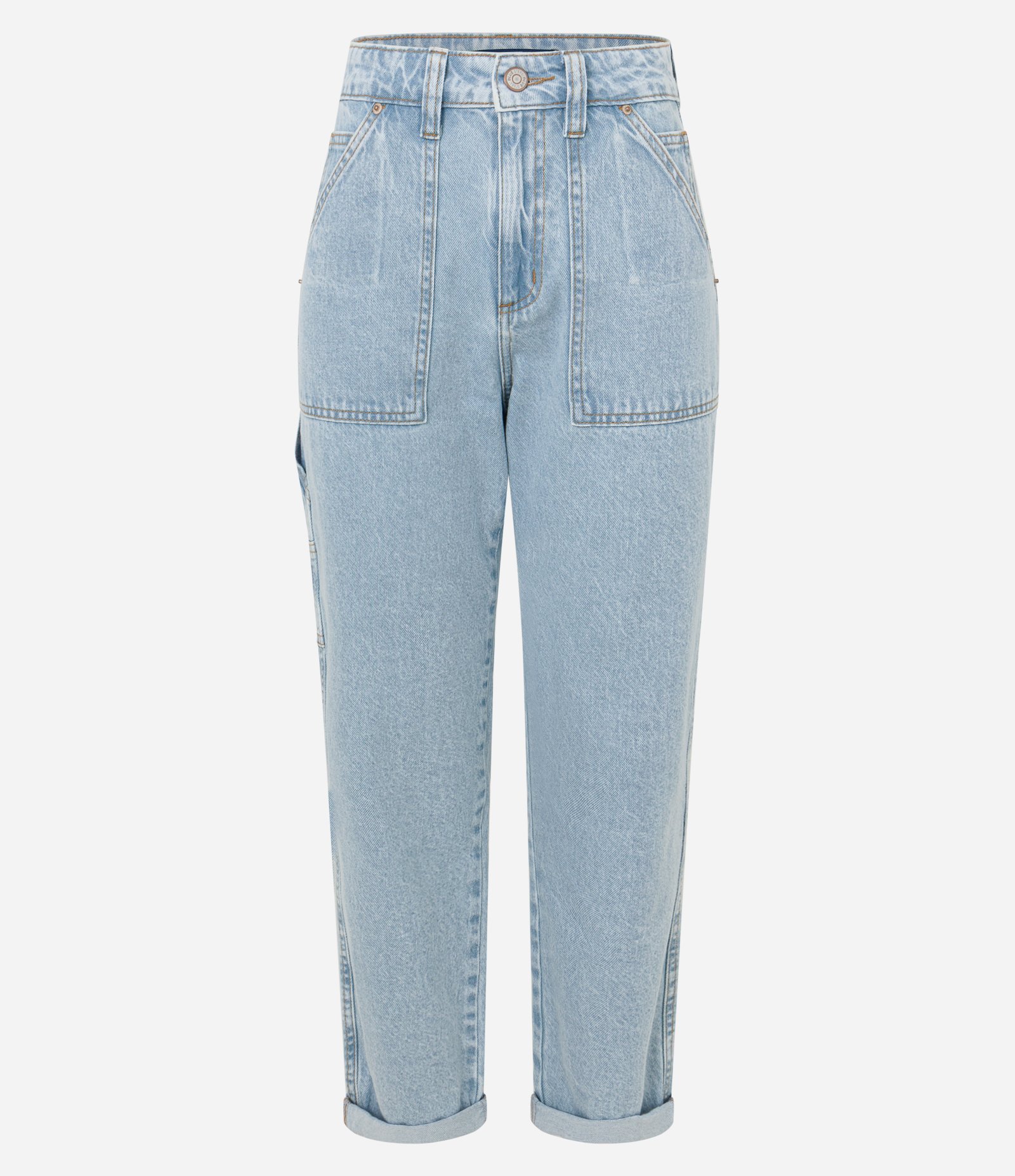 Calça Mom Jeans com Bolso Carpinteiro e Detalhe Estonado Claro 1