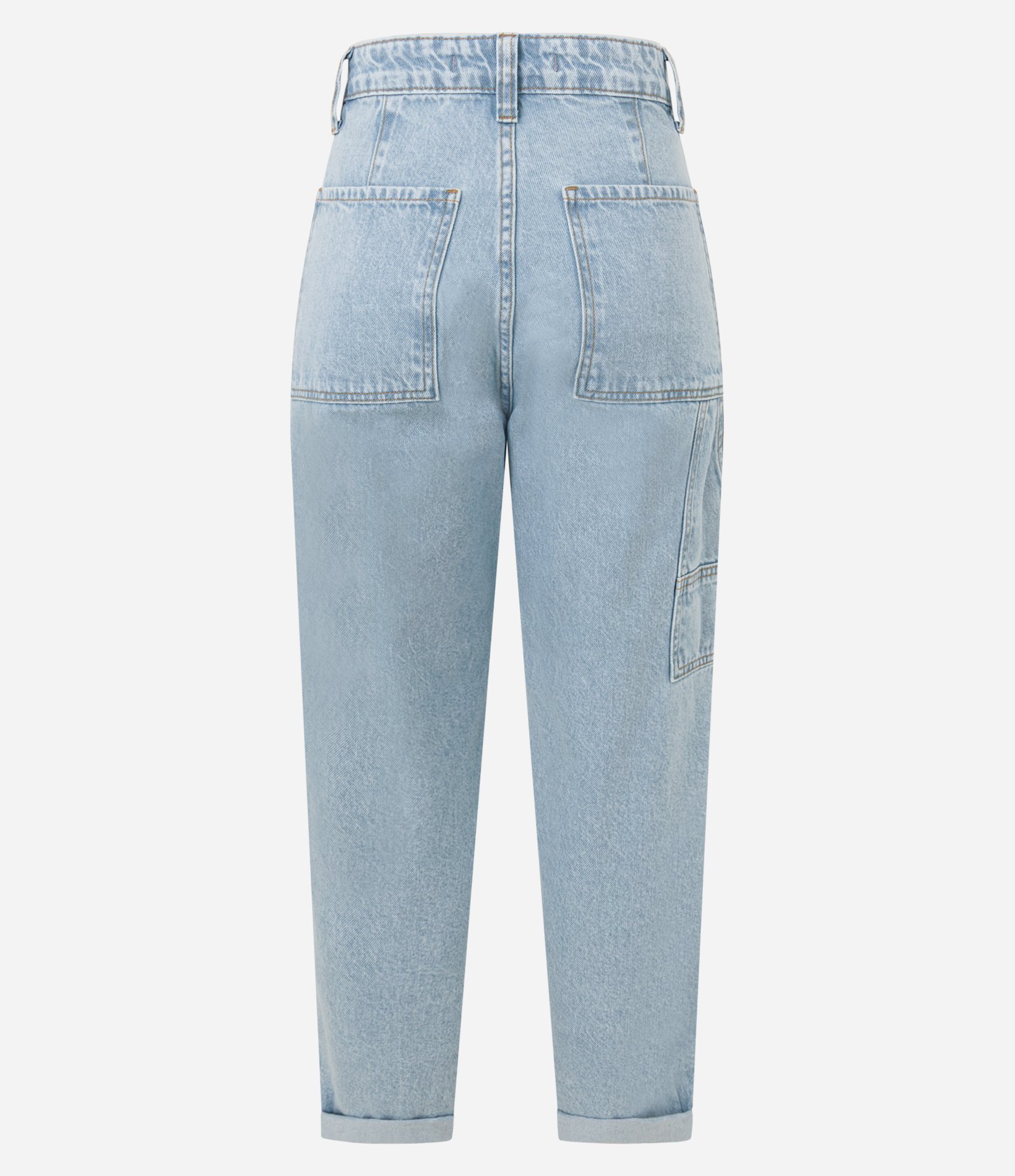 Calça Mom Jeans com Bolso Carpinteiro e Detalhe Estonado Claro 2