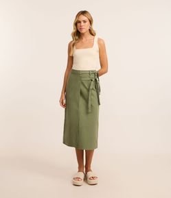 Saia Midi em Sarja Cruzada com Cintos de Amarração na Lateral