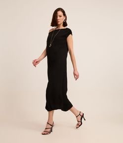Vestido New Midi com Ombro Assimétrico Drapeado e Fenda Lateral