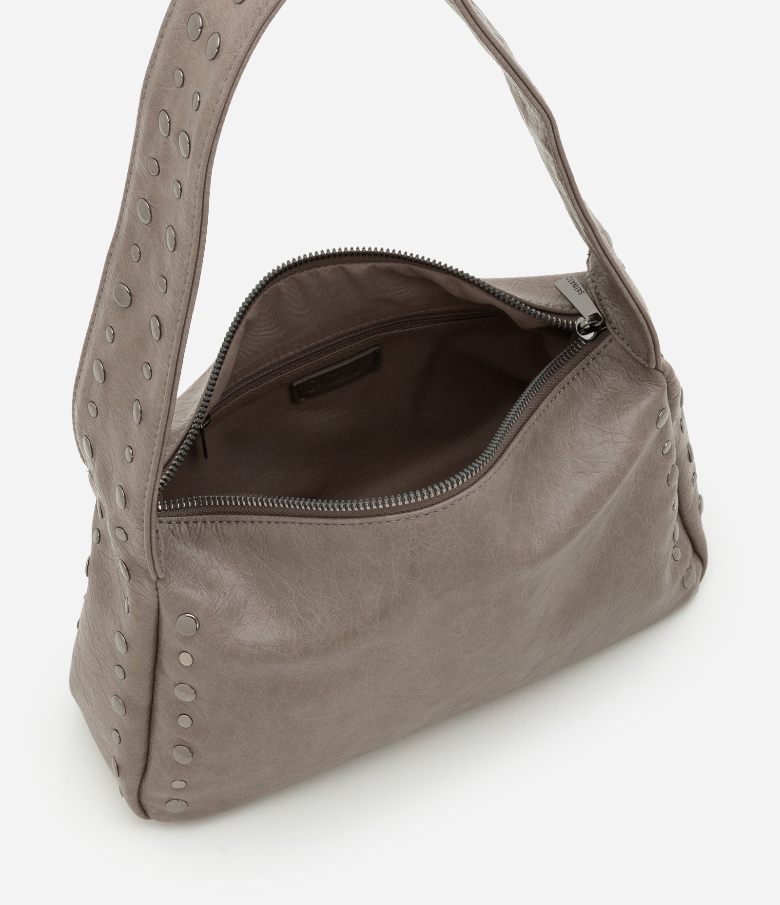 Bolsa Baguete em PU Estonado com Alça Larga e Tachas Cinza 5