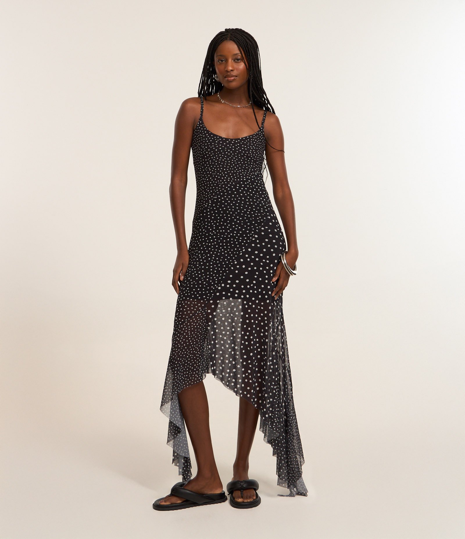 Vestido em Tule Estampa Poá com Alcinhas e Pontas Preto 1