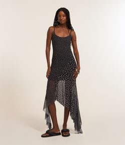 Vestido em Tule Estampa Poá com Alcinhas e Pontas