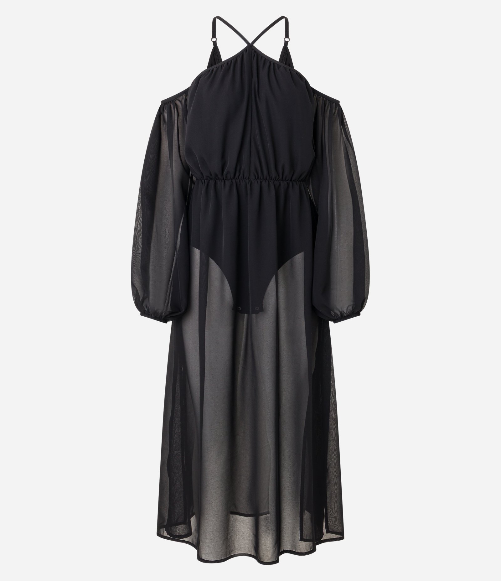 Vestido Long Midi em Tule Ombro a Ombro com Forro de Macaquinho Preto 5