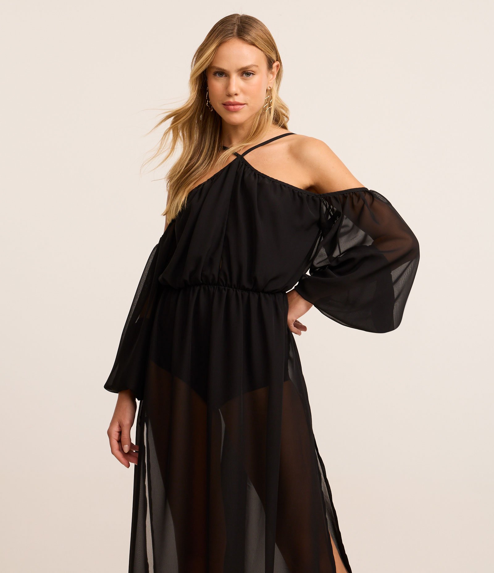 Vestido Long Midi em Tule Ombro a Ombro com Forro de Macaquinho Preto 1