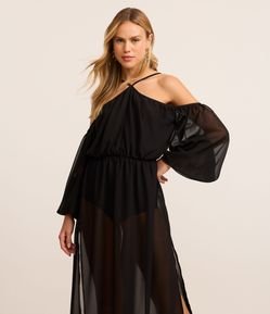 Vestido Long Midi em Tule Ombro a Ombro com Forro de Macaquinho