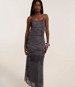 Vestido Longo em Tule com Alça Fina e Estampa Manchadinha