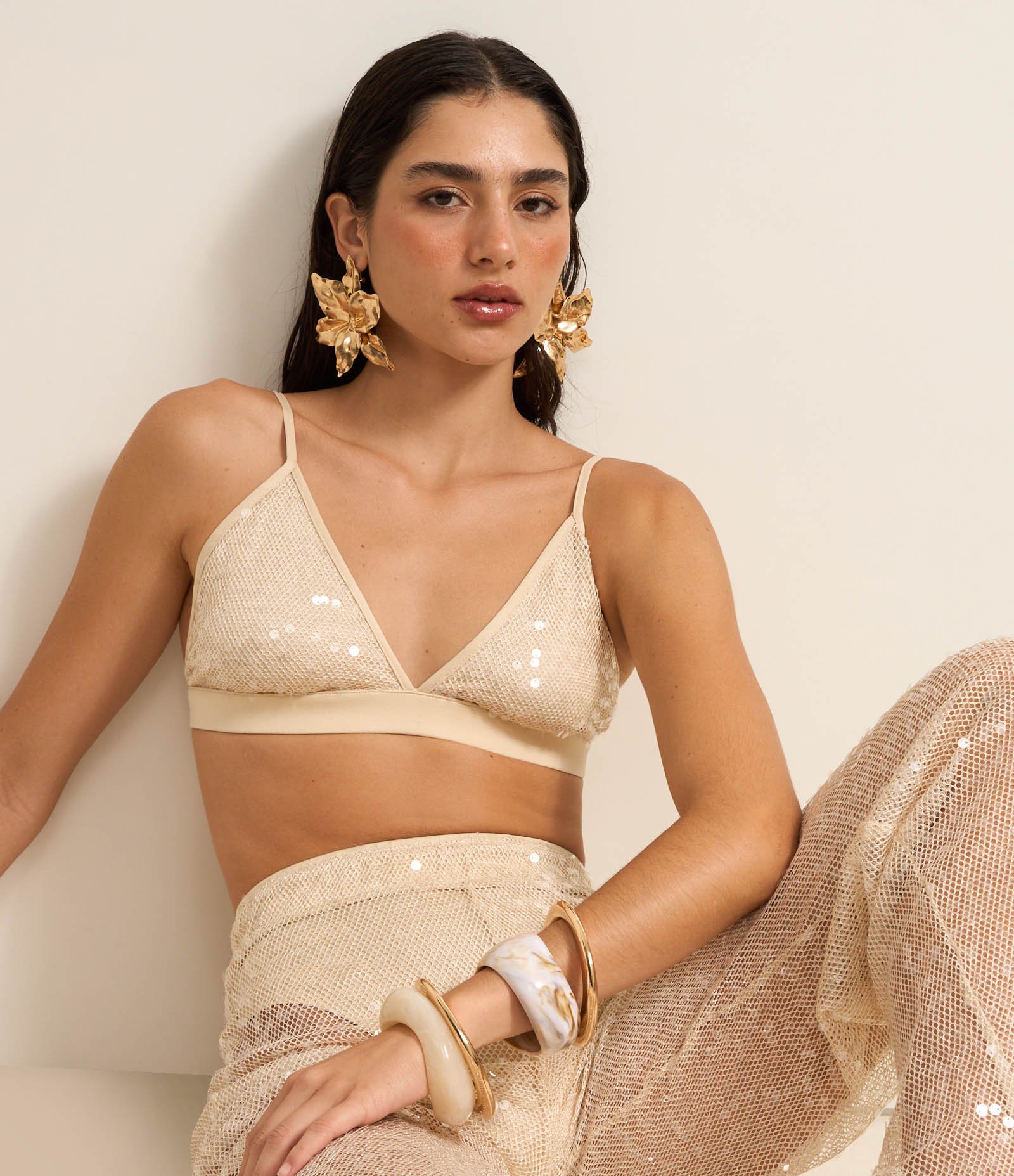 Blusa Top Cropped com Tela e Paetê Dourado 1