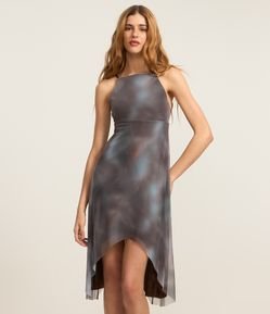 Vestido Curto em Tule com Decote Halter e Estampa Manchada