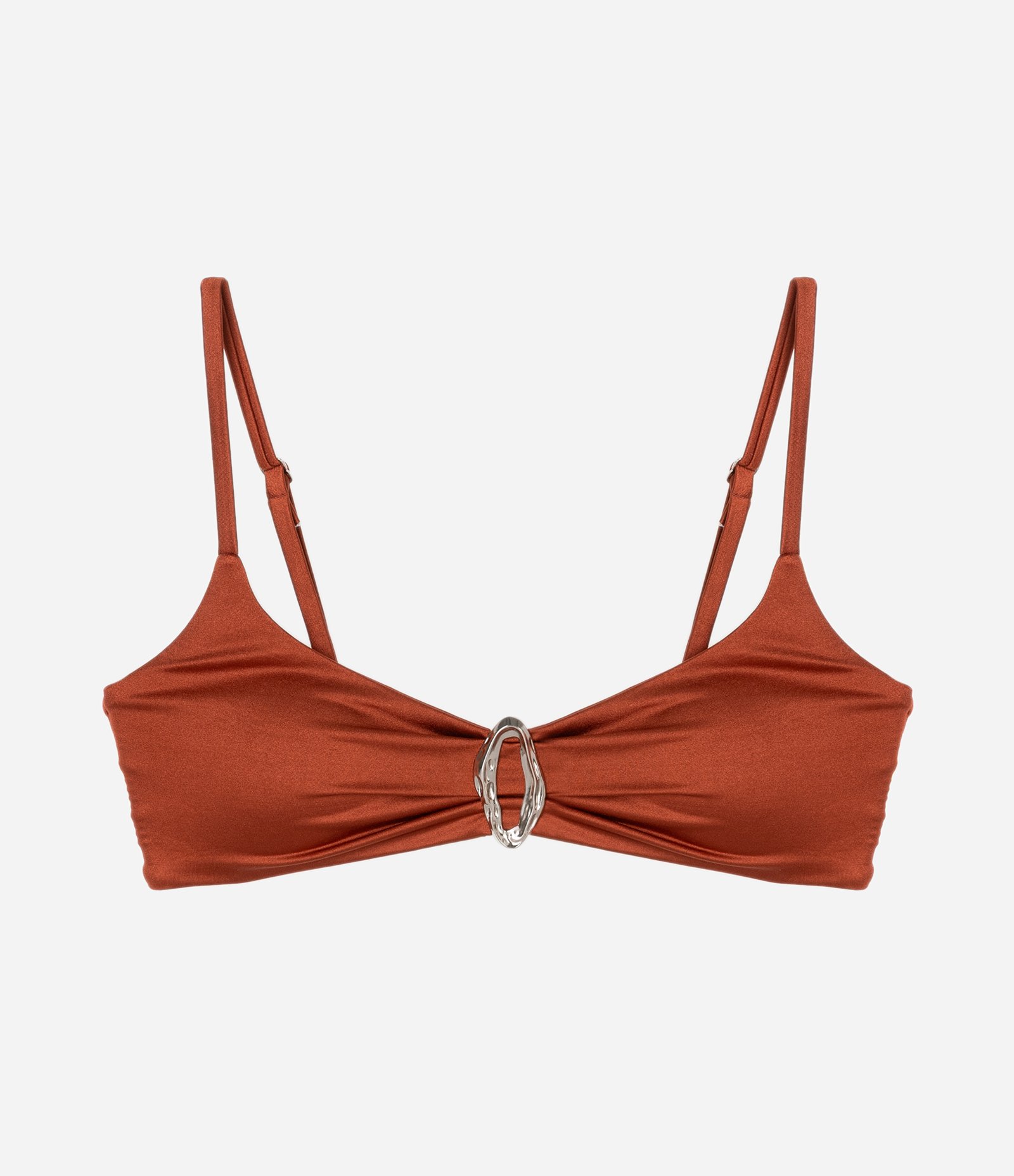 Biquíni Top Triangulo Fixo em Microfibra Brilhante com Aviamento de Metal Marrom 5