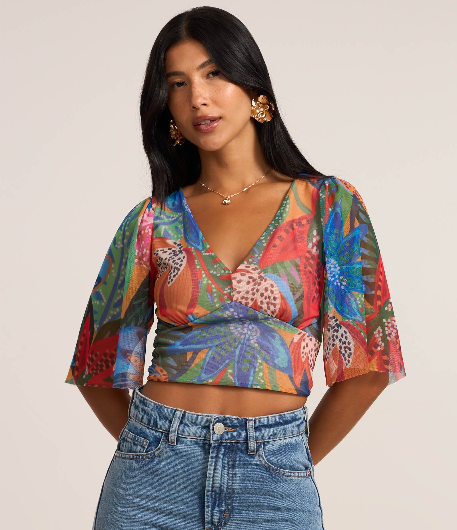 Blusa Cropped em Tule com Estampa Floral Multicores 3