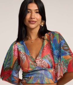 Blusa Cropped em Tule com Estampa Floral