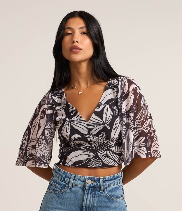 Blusa Cropped Tule com Estampa Floral Bicolor