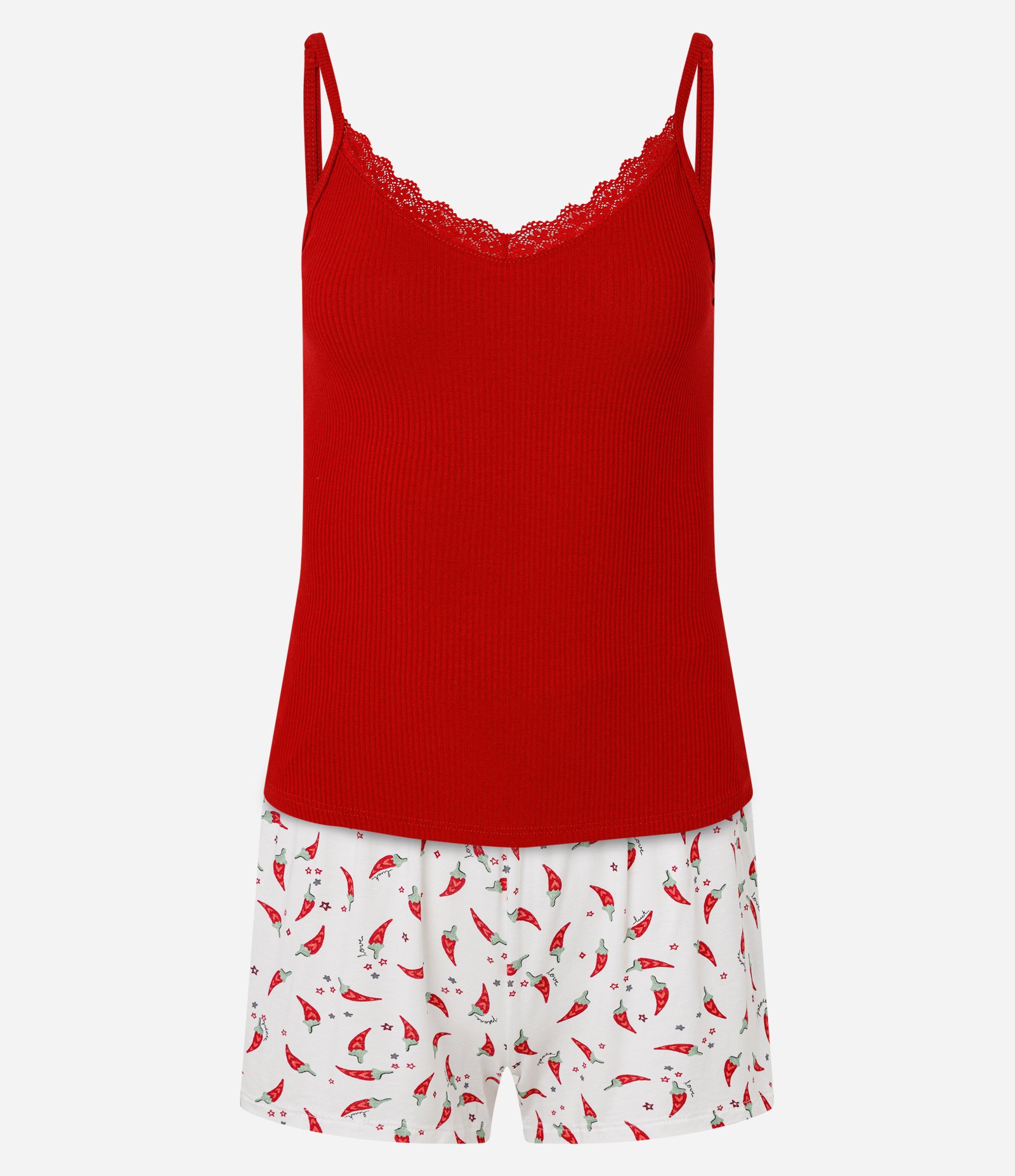 Pijama Short Doll em Ribana com Rendinha e Short Estampado de Mini Pimentas Vermelho 4