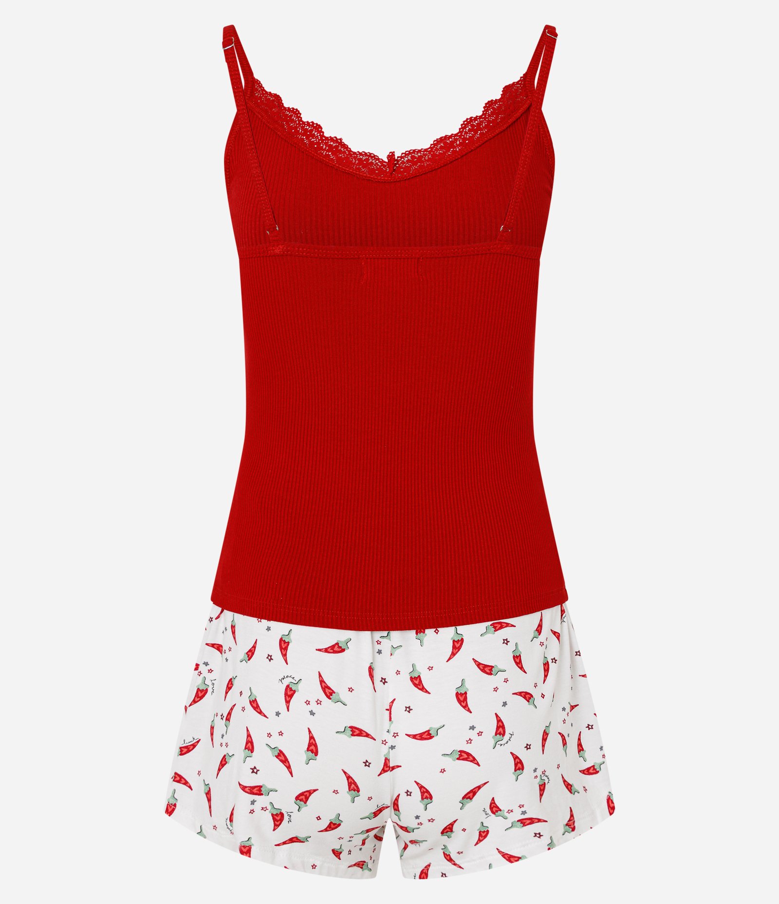 Pijama Short Doll em Ribana com Rendinha e Short Estampado de Mini Pimentas Vermelho 6