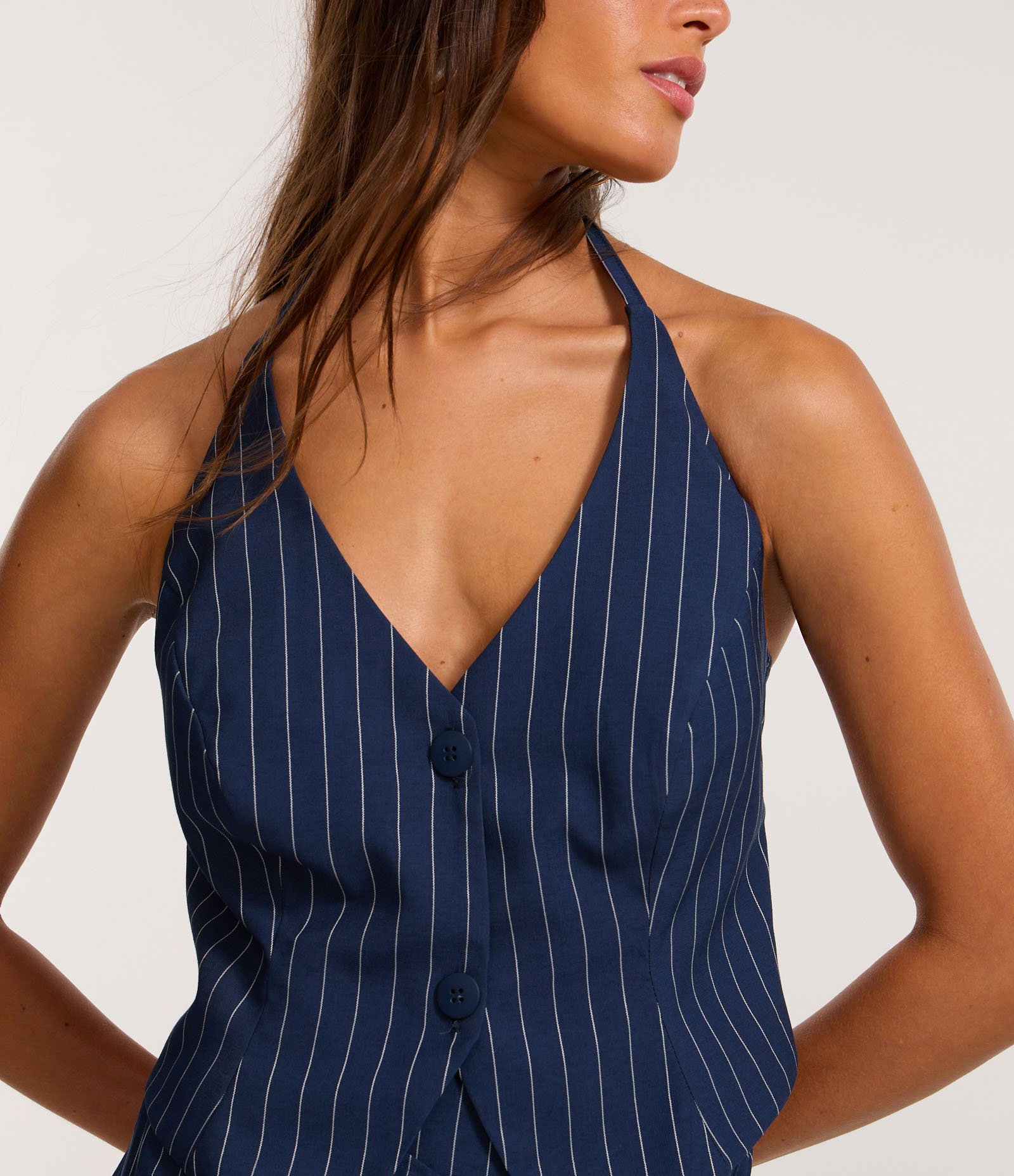 Blusa Colete Frente Única Alfaiatado em Viscose com Risca de Giz Azul 3