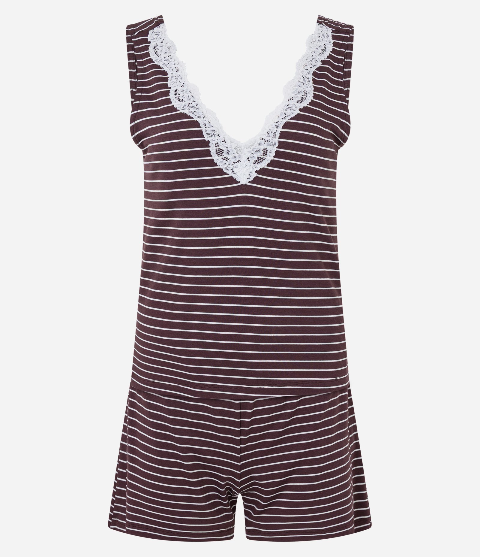 Pijama Short Doll em Viscose com Estampa Listrada e Detalhe de Renda Marrom 4